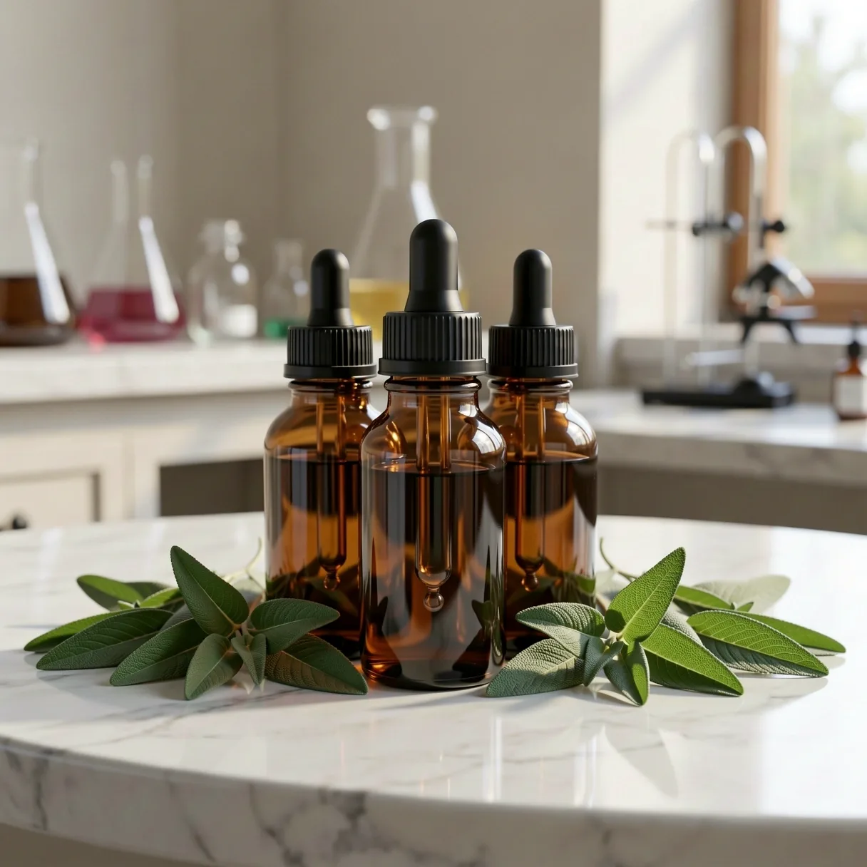 Apothecary glass and botanical extracts representing holistic care